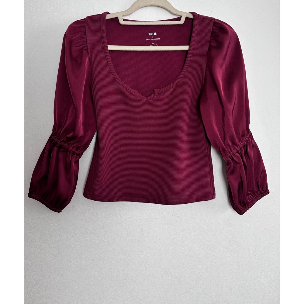 Maeve by Anthropologie Ribbed Puff Sleeve Top XSP Boho Dark Romantic Feminine